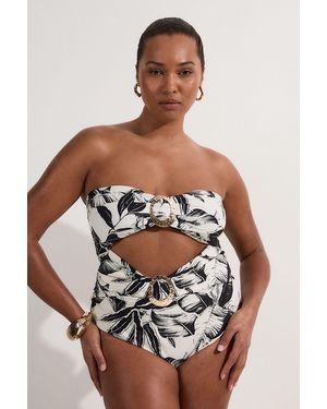 Karen Millen Plus Size Slinky Palm Print Cut Out Swimsuit - Multicolour