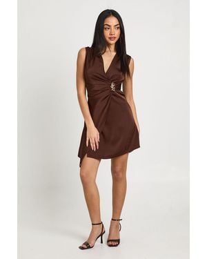 Boohoo Satin Drape Front Trim Detail Mini Dress - Brown