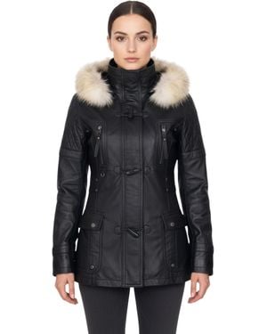 Infinity Leather Lamb Quilted Parka Fur Hood Jacket- Duchess - Black
