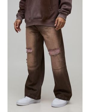 BoohooMAN Wide Leg Washed Ripped Carpenter Rigid Denim Jeans - Brown