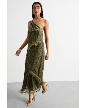 Warehouse Devore Fringe Detail Midi Skirt - Green