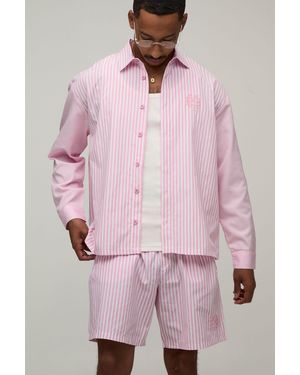 BoohooMAN Embroidered Spliced Stripe Oversized Shirt & Short Set - Pink