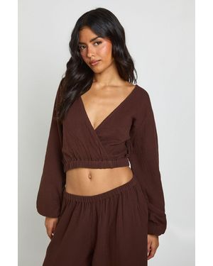 Boohoo Cheesecloth Long Sleeve Wrap Top - Brown