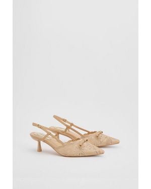 Oasis Kitty Lace Slingback Bow Detail Kitten Heel Court Shoes - Natural