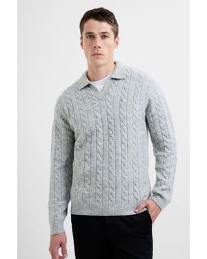 French Connection Cable Knit Open V-Neck Collar Long Sleeve Jumper - Grey