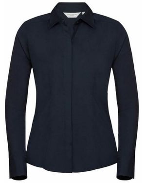Russell Collection Ladies/ Long Sleeve Poly-Cotton Easy Care Fitted Poplin Shirt (French) - Blue