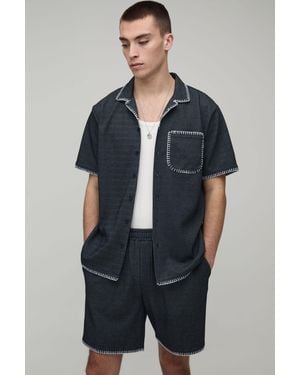 BoohooMAN Waffle Contrast Stitch Regular Fit Shirt & Relaxed Short Set - Blue