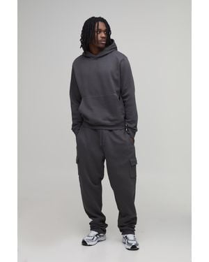 BoohooMAN Tall Boxy Hooded Cargo Tracksuit - Grey