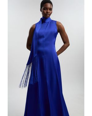 Karen Millen Viscose Satin Sleeveless Cowl Neck Drape Woven Maxi Dress - Blue