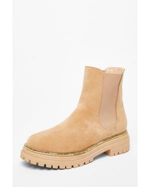Quiz Faux Suede Diamante Trim Boots - Natural