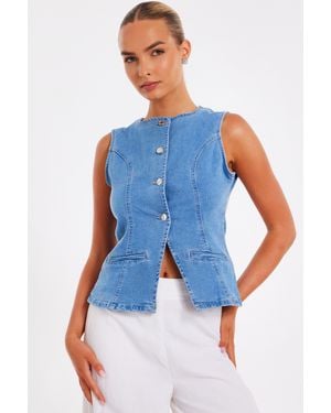 Quiz Light Wash Denim Waistcoat - Blue