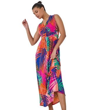 Roman Tropical Gathered Stretch Wrap Maxi Dress