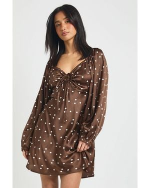 Boohoo Petite Polka Dot Volume Sleeve Satin Mini Dress - Brown