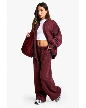 Boohoo Petite Washed Zip Through Bomber Straight Leg Jogger Tracksuit - Red