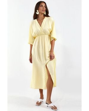 Busem V-Neck Midi Wrap Dress With Three Quarter Sleeves - Metallic
