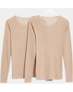 Marks & Spencer M&S Pack Of 2 Thermal Pointelle Long Sleeve Tops - Natural