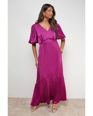 Oasis Satin Puff Sleeve V Neck Fishtail Maxi Dress - Pink