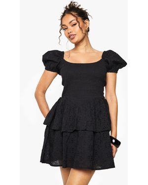 Boohoo Broderie Anglaise Puff Sleeve Skater Dress - Black