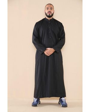 Thobez Thobe Jubba Saudi Islamic Arabic Eid Cotton Kaftan Jubbah Umrah Robe - Black