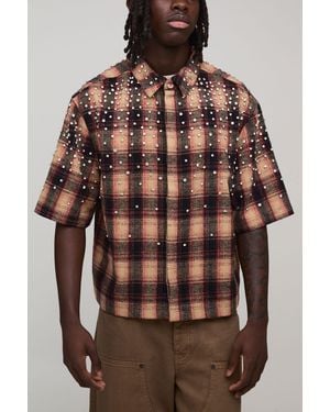 BoohooMAN Boxy Jewel Rhinestone Half Sleeve Check Shirt - Brown