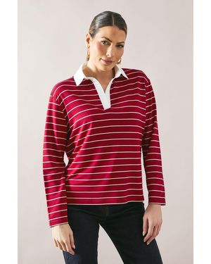 Wallis Petite Striped Rugby Top With Woven Collar - Red
