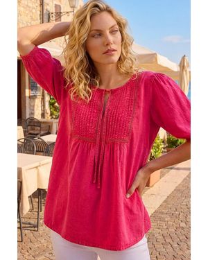 Roman Pleat Detail Tie Neck Top - Pink