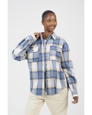 Brave Soul Check Print Long Sleeve Fleece Shirt - Blue