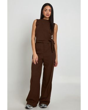 Boohoo Rib Wrap Waist Wide Leg Co Ord - Brown