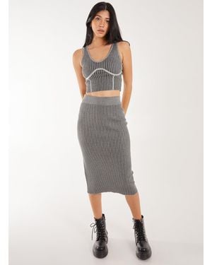 Pink Vanilla Two Tone Rib Midi Skirt - Grey