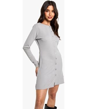 Boohoo Ribbed Button Down Smock Mini Dress - Grey