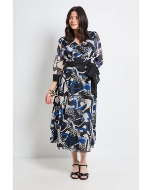 PRINCIPLES Mix Print Organza Belted Midi Dress - Blue