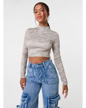 Pink Vanilla Space Dye High Neck Long Sleeves Crop Top - Blue
