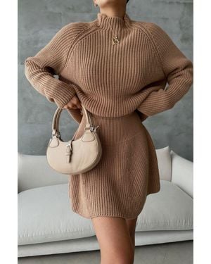 Hiccup 2 Pieces: High Neck Knitted Jumper & Waist Skater Skirt - Brown