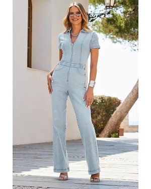 Sosandar Light Wash Sculpting Wide Leg Denim Jumpsuit - Blue
