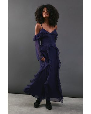 Warehouse Chiffon Cold Shoulder Ruffle Detail Maxi Dress - Blue