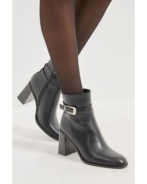 Wallis Melisssa Faux Leather Buckle Detail Round Toe High Block Heel Ankle Boots - Black
