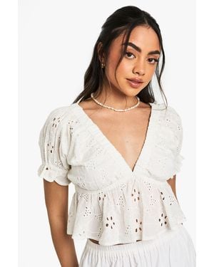 Boohoo Broderie Smock Top - White