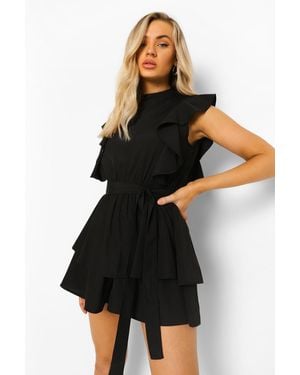 Boohoo High Neck Frill Detail Belted Romper - Black