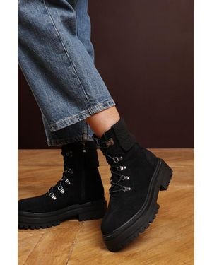 Where's That From Wheres 'Una' Suede Lace-Up Ankle Boots With Faux Fur Trim And Chunky Sole - Black