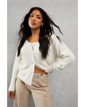 MissPap Crew Neck Long Sleeve Cardigan - White