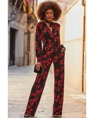 Sosandar Floral Print Tie Neck Jumpsuit - Black