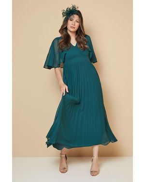 Wallis Pleated Cape Sleeve Midi Dress - Green