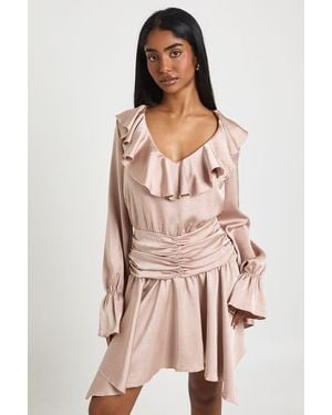 Boohoo Textured Satin Ruffle Detail Mini Dress - Pink