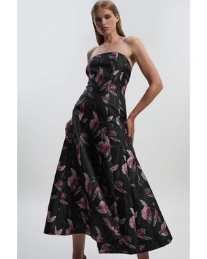 Karen Millen Jacquard Bandeau Full Skirted Midi Dress - Black
