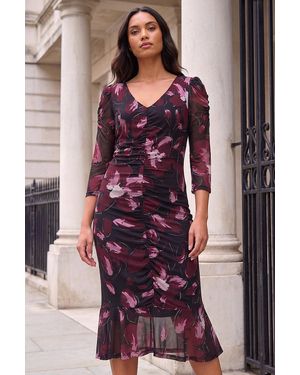 Roman Ruched Floral Dr - Purple