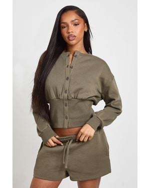 Boohoo Cinched Waist Button Through Sweatshirt Short Tracksuit - Brown