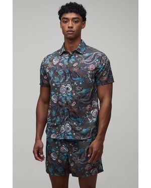 BoohooMAN Dragon Print Regular Fit Shirt & Short Set - Blue