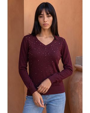Roman Petite Faux Pearl Embellished Knit Jumper - Purple