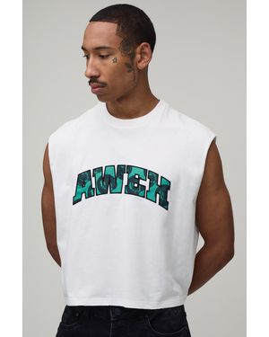 BoohooMAN Oversized Cropped Slogan Applique Raw Edge Tank - White