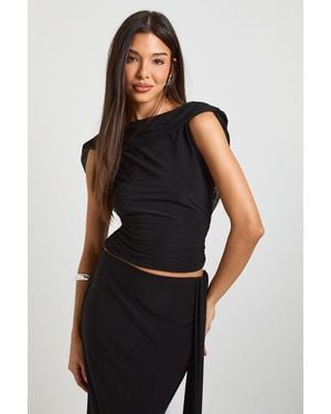 Boohoo Slinky Cropped Mesh Overlay Backless Top - Black
